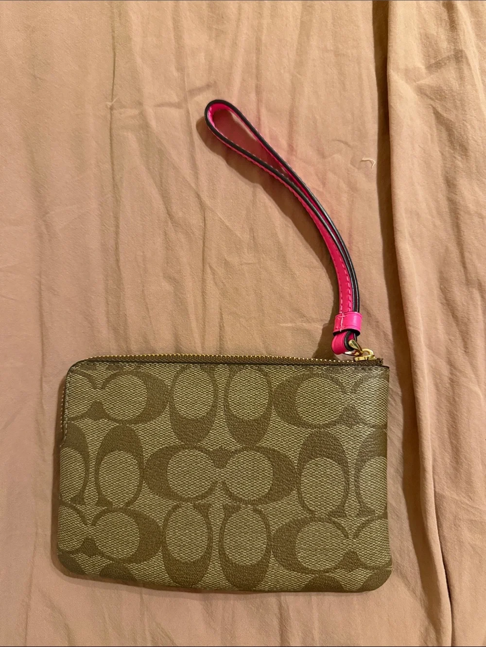 Coach Brown Signature Wristlet with Bright Pink Stripe